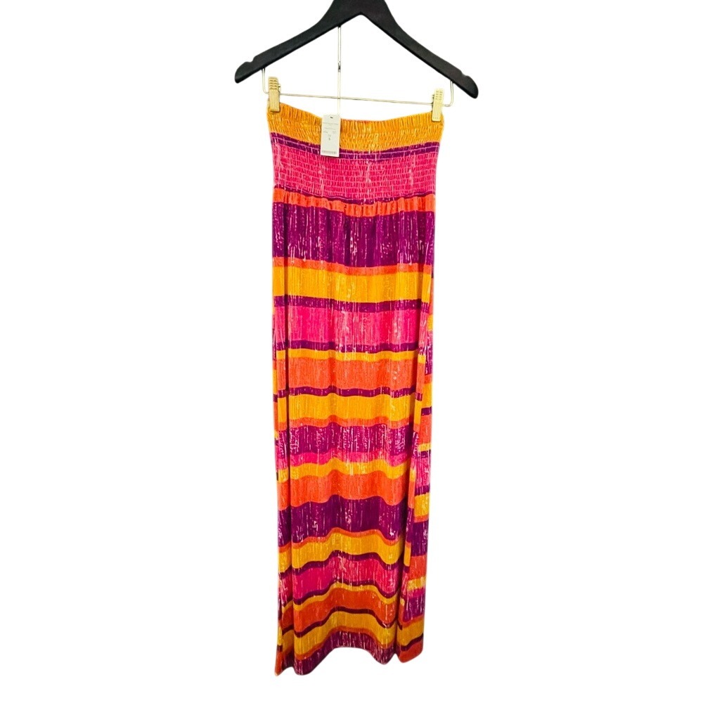 2B bebe Strapless Lace Trim Striped Maxi Dress Purple‎ Pink Orange Yellow S - Picture 6 of 6